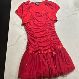 Girls size 8, Amy Byer red shimmery dress, sparkle. Built in cover jacket.